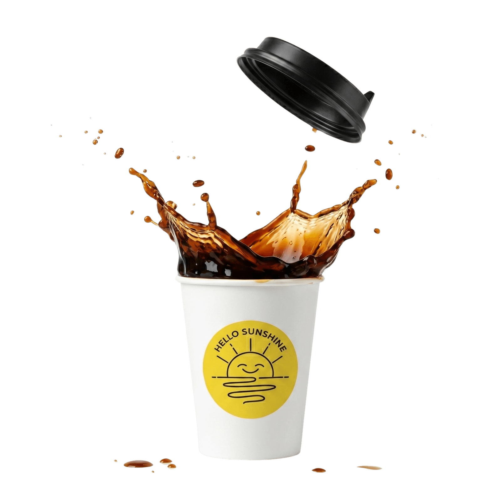 Hello Sunshine takeaway cup mid-splash, lid popped, coffee suspended in the air