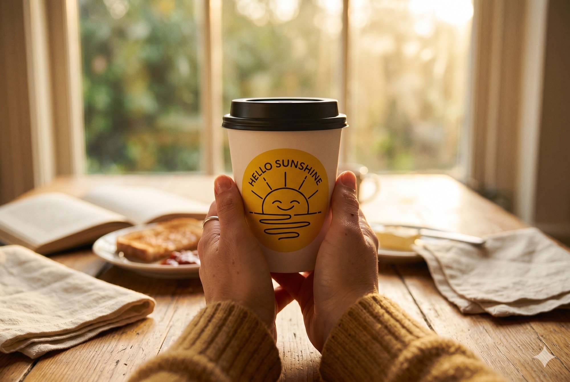 Hands holding a cup of coffee in morning light at Hello Sunshine